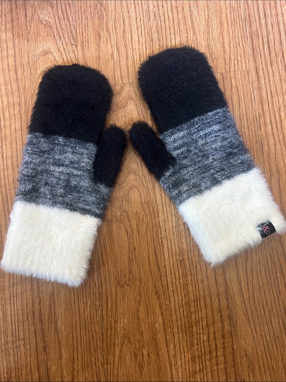Black, Gray & Cream Fuzzy Mittens